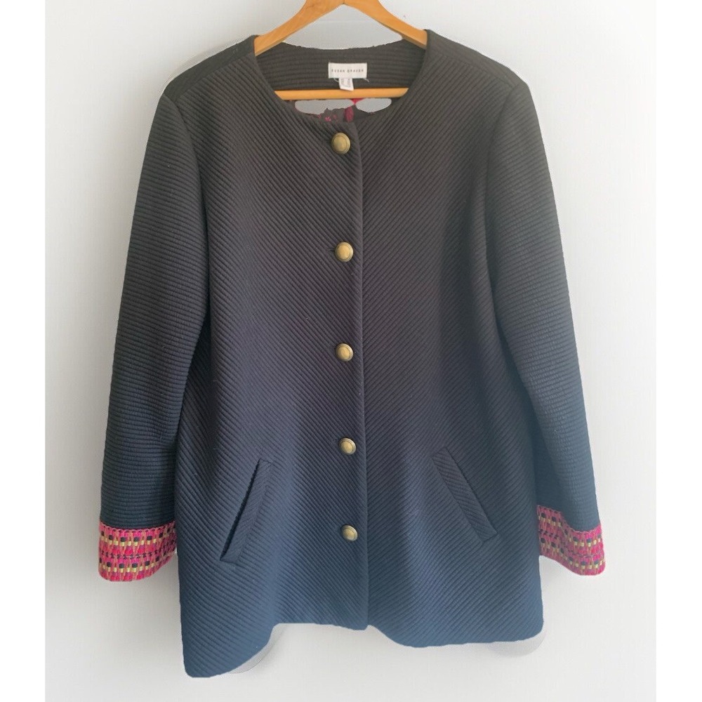 Susan Graver Textured Ribbed Knit Button Coat 16 Black Artsy Office Wear Boho